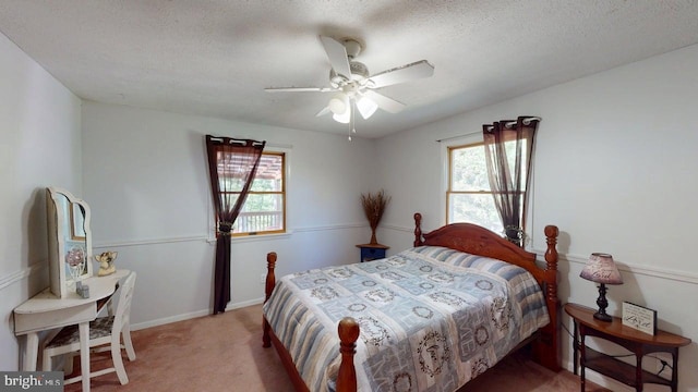 14701 Viewcrest Rd SW, Cresaptown, MD 21502 - bedroom with multiple windows, carpet, a textured ceiling, baseboards, and ceiling fan