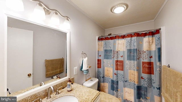 14701 Viewcrest Rd SW, Cresaptown, MD 21502 - bathroom with crown molding, vanity, a shower with shower curtain, and toilet
