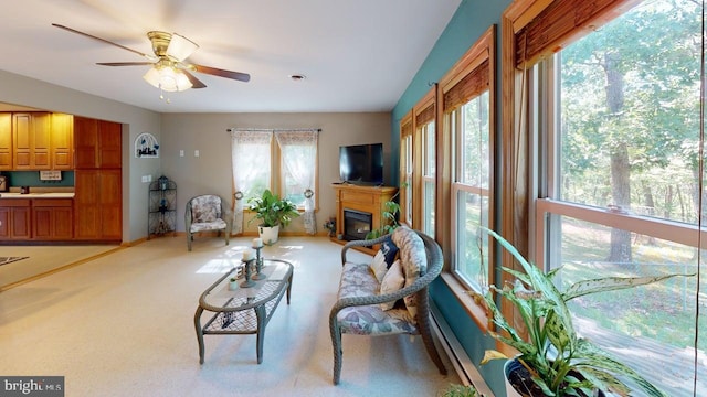 14701 Viewcrest Rd SW, Cresaptown, MD 21502 - carpeted living area with ceiling fan, baseboards, a glass covered fireplace, and baseboard heating