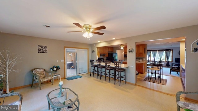 14701 Viewcrest Rd SW, Cresaptown, MD 21502 - living room featuring ceiling fan, light carpet, baseboards, and recessed lighting
