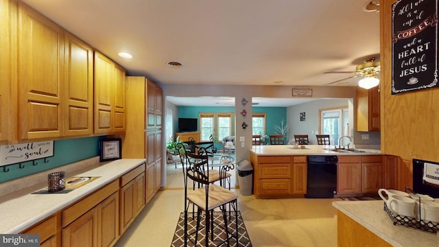 14701 Viewcrest Rd SW, Cresaptown, MD 21502 - kitchen featuring a sink, light countertops, ceiling fan, a peninsula, and black dishwasher