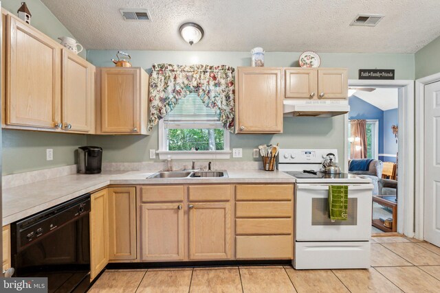 721 Canterbury Dr, Ruther Glen, VA 22546 - kitchen featuring dishwasher, white electric range, a sink, light brown cabinetry, and a textured ceiling
