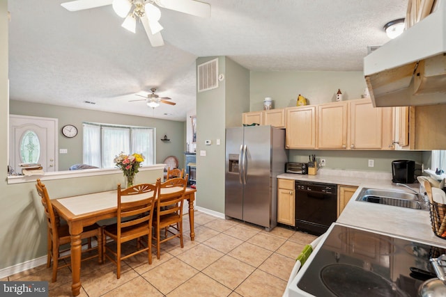 721 Canterbury Dr, Ruther Glen, VA 22546 - kitchen with stainless steel fridge, black dishwasher, a ceiling fan, electric range, and a sink