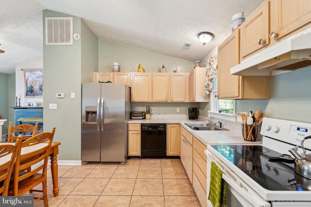721 Canterbury Dr, Ruther Glen, VA 22546 - kitchen with stainless steel fridge with ice dispenser, white electric stove, black dishwasher, a sink, and light brown cabinetry