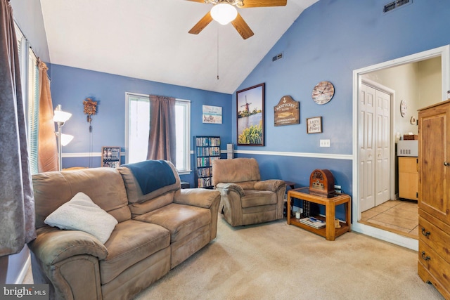 721 Canterbury Dr, Ruther Glen, VA 22546 - carpeted living area with ceiling fan and lofted ceiling