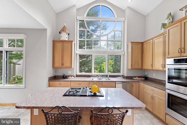 1445 Waterfront Rd, Reston, VA 20194 - kitchen with stainless steel appliances, a sink, high vaulted ceiling, a kitchen island, and light tile patterned floors
