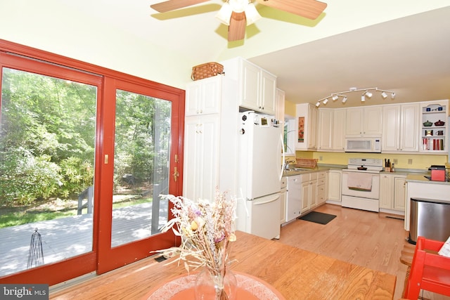 6 Quincy Ct, Ocean Pines, MD 21811 - kitchen with white appliances, light wood finished floors, ceiling fan, open shelves, and white cabinets