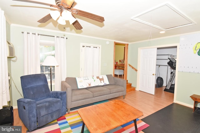 6 Quincy Ct, Ocean Pines, MD 21811 - living area featuring attic access, wood finished floors, a ceiling fan, ornamental molding, and baseboards