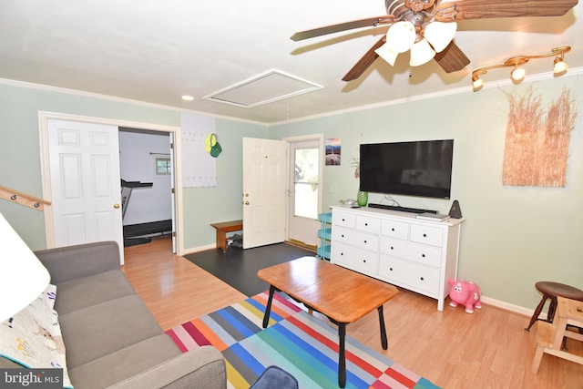 6 Quincy Ct, Ocean Pines, MD 21811 - living room featuring attic access, wood finished floors, ceiling fan, ornamental molding, and baseboards