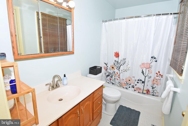 6 Quincy Ct, Ocean Pines, MD 21811 - bathroom featuring toilet, vanity, shower / bath combo with shower curtain, and tile patterned floors