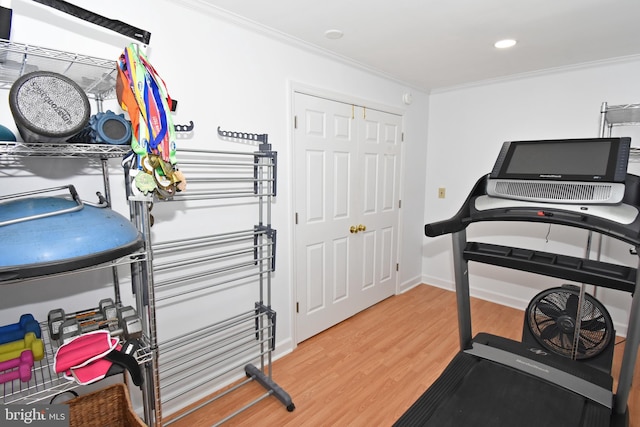 6 Quincy Ct, Ocean Pines, MD 21811 - exercise room with ornamental molding, light wood-type flooring, baseboards, and recessed lighting