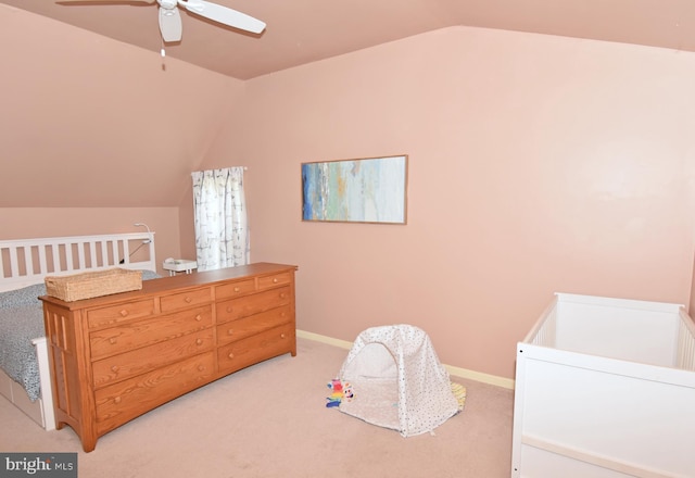 6 Quincy Ct, Ocean Pines, MD 21811 - bedroom with vaulted ceiling, light colored carpet, baseboards, and a ceiling fan