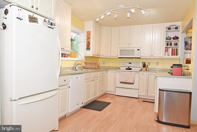 6 Quincy Ct, Ocean Pines, MD 21811 - kitchen with white appliances, light wood finished floors, a sink, light countertops, and open shelves