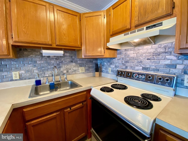 202 32nd St Unit 309, Ocean City, MD 21842 - kitchen featuring electric range, under cabinet range hood, light countertops, and a sink