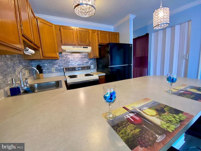 202 32nd St Unit 309, Ocean City, MD 21842 - kitchen with white electric range, freestanding refrigerator, under cabinet range hood, a chandelier, and ornamental molding