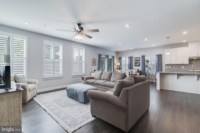 10104 Dressage Dr, Upper Marlboro, MD 20772 - living room featuring ceiling fan, dark wood finished floors, recessed lighting, and baseboards