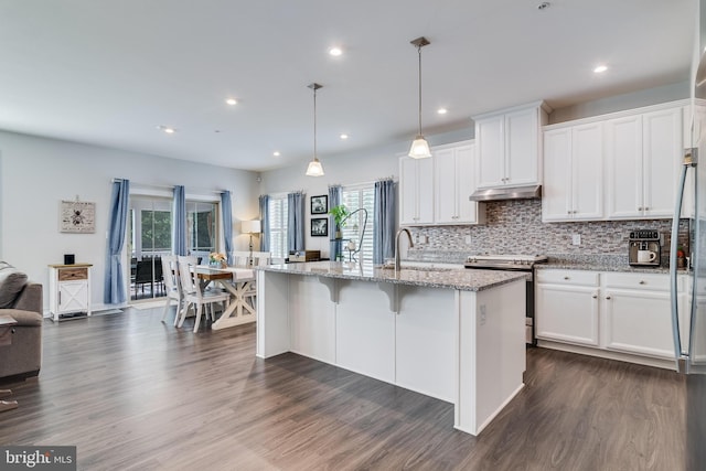 10104 Dressage Dr, Upper Marlboro, MD 20772 - kitchen featuring stainless steel range, under cabinet range hood, white cabinets, a sink, and dark wood-type flooring