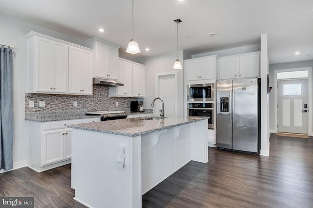 10104 Dressage Dr, Upper Marlboro, MD 20772 - kitchen featuring stainless steel appliances, a sink, under cabinet range hood, tasteful backsplash, and white cabinetry
