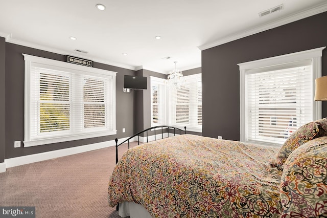 bedroom featuring carpet flooring, a chandelier, multiple windows, crown molding, and recessed lighting