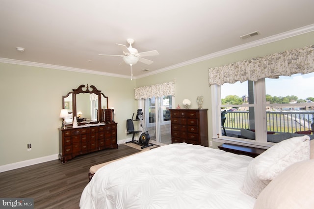 301 Muir St Unit 201, Cambridge, MD 21613 - bedroom with access to exterior, crown molding, wood finished floors, baseboards, and a ceiling fan