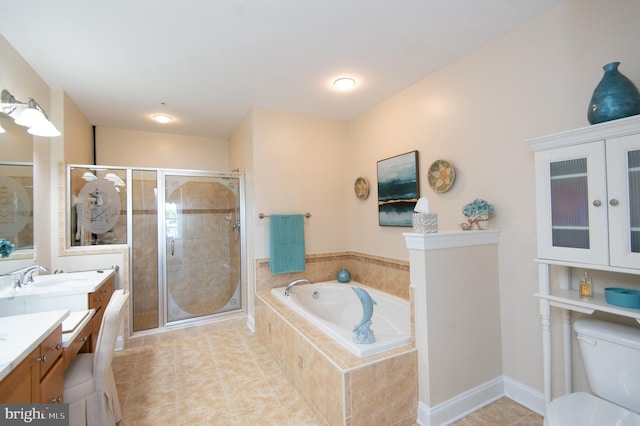 301 Muir St Unit 201, Cambridge, MD 21613 - bathroom with a shower stall, a bath, vanity, tile patterned flooring, and toilet