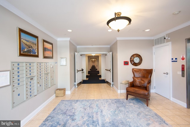 301 Muir St Unit 201, Cambridge, MD 21613 - corridor featuring light tile patterned floors, crown molding, recessed lighting, baseboards, and mail area