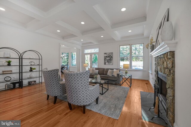 5127 Cathedral Ave NW, Washington, DC 20016 - living area featuring beam ceiling, light wood-style floors, coffered ceiling, a fireplace, and recessed lighting