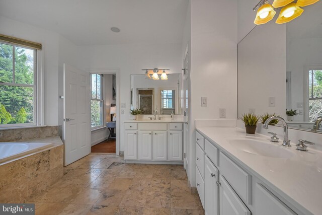5127 Cathedral Ave NW, Washington, DC 20016 - bathroom with vanity, healthy amount of natural light, a garden tub, and stone finish floors