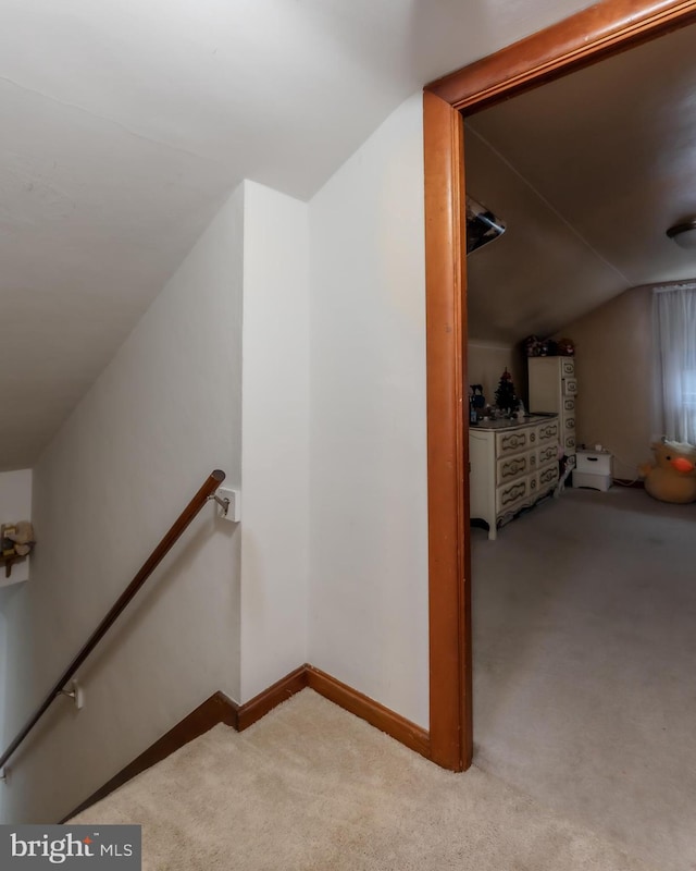 46 Jefferson St, Weatherly, PA 18255 - stairs featuring lofted ceiling, carpet floors, and baseboards