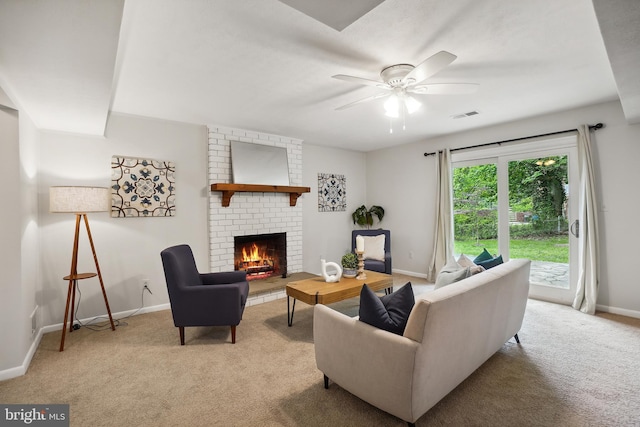 900 W Nolcrest Dr, Silver Spring, MD 20903 - living area with light carpet, baseboards, a fireplace, and a ceiling fan
