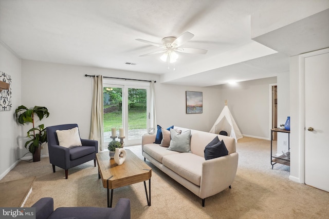 900 W Nolcrest Dr, Silver Spring, MD 20903 - living area with light carpet, a ceiling fan, and baseboards