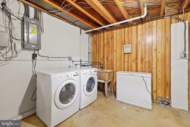 900 W Nolcrest Dr, Silver Spring, MD 20903 - washroom featuring washing machine and dryer, electric panel, and concrete block wall