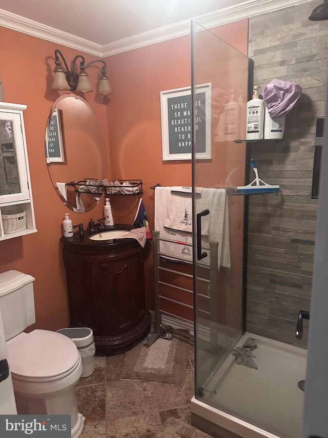 131 Winding Way, Bangor, PA 18013 - bathroom featuring ornamental molding, a shower stall, toilet, vanity, and stone finish floors