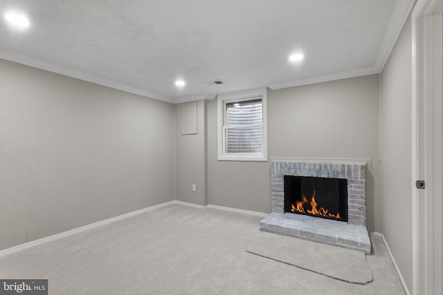 941 Sherwood Ct, Sterling, VA 20164 - unfurnished living room featuring a fireplace, carpet floors, crown molding, baseboards, and recessed lighting