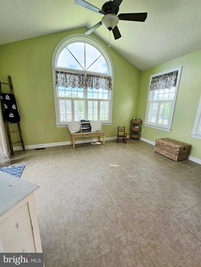 7677 Green Ridge Ln, Abbottstown, PA 17301 - sitting room featuring light tile patterned floors, ceiling fan, lofted ceiling, and baseboards