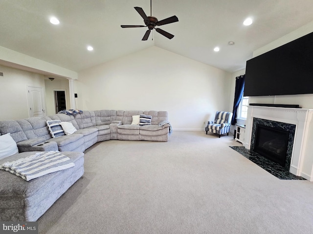 7677 Green Ridge Ln, Abbottstown, PA 17301 - living room featuring recessed lighting, carpet flooring, a fireplace, ceiling fan, and lofted ceiling