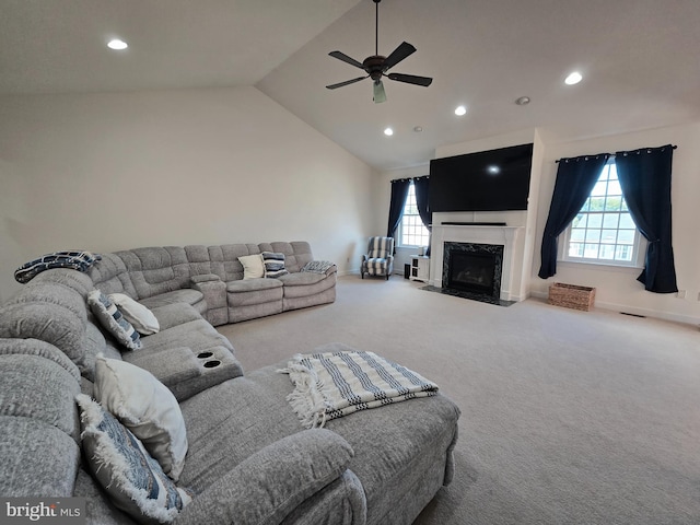 7677 Green Ridge Ln, Abbottstown, PA 17301 - carpeted living area featuring recessed lighting, ceiling fan, healthy amount of natural light, vaulted ceiling, and a fireplace