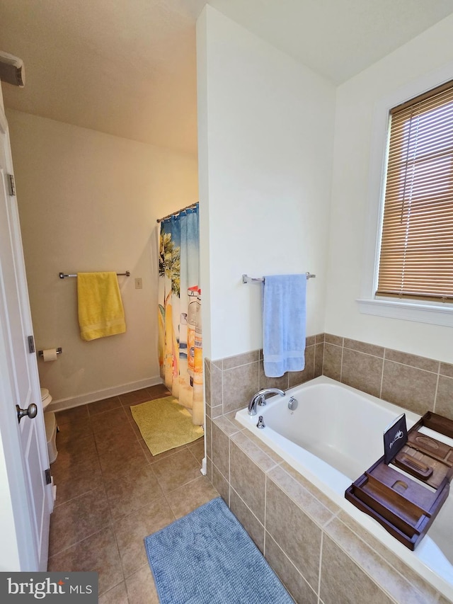 7677 Green Ridge Ln, Abbottstown, PA 17301 - bathroom featuring a bath, toilet, tile patterned flooring, and a shower with shower curtain