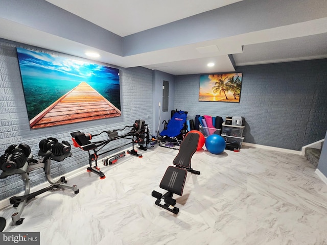 7677 Green Ridge Ln, Abbottstown, PA 17301 - exercise area featuring baseboards, recessed lighting, marble look tiles, and electric panel