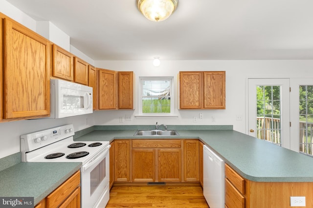 1118 Ashby St, Front Royal, VA 22630 - kitchen featuring white appliances, a sink, a peninsula, light wood-style floors, and brown cabinetry