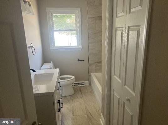 20 Goeke Dr, Hamilton, NJ 08610 - bathroom featuring vanity, toilet, shower / tub combination, a baseboard radiator, and baseboards