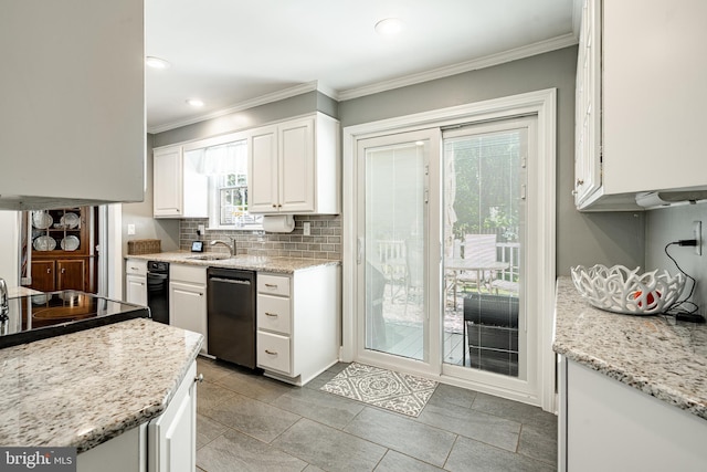 10 Garrett Rd, Wilmington, DE 19809 - kitchen with dishwasher, crown molding, white cabinets, decorative backsplash, and a sink
