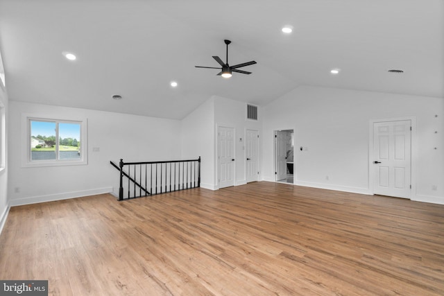 2761 Ebbvale Rd, Manchester, MD 21102 - empty room featuring a ceiling fan, wood finished floors, baseboards, high vaulted ceiling, and recessed lighting