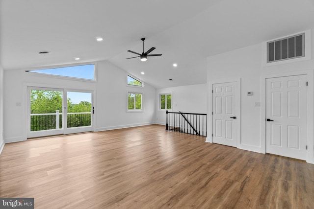 2761 Ebbvale Rd, Manchester, MD 21102 - empty room with high vaulted ceiling, ceiling fan, wood finished floors, baseboards, and recessed lighting