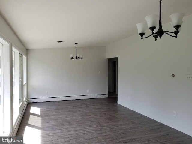 1320 Oak Ln, New Cumberland, PA 17070 - unfurnished dining area featuring a chandelier, dark wood-style floors, baseboard heating, and baseboards