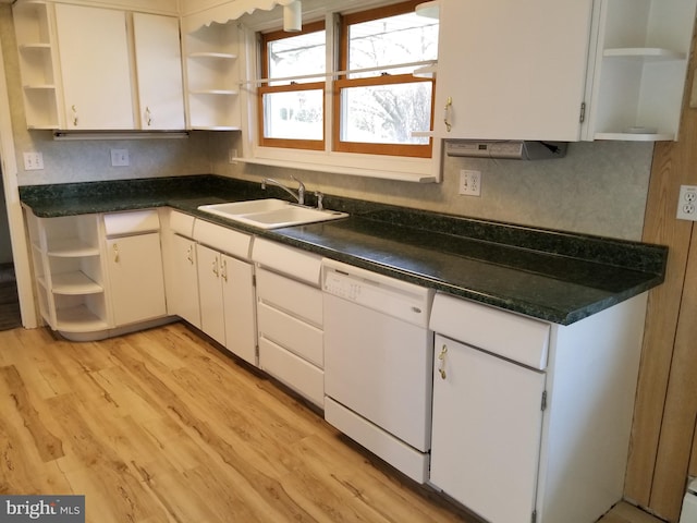 1320 Oak Ln, New Cumberland, PA 17070 - kitchen with open shelves, dishwasher, a sink, light wood finished floors, and white cabinets
