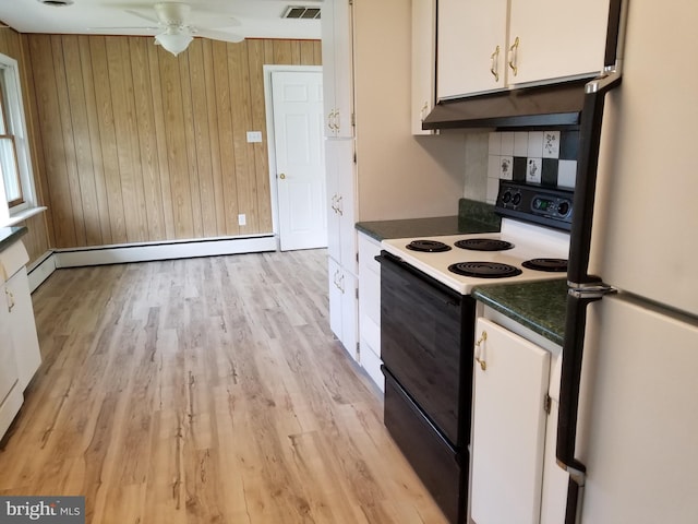 1320 Oak Ln, New Cumberland, PA 17070 - kitchen featuring freestanding refrigerator, black electric range, under cabinet range hood, baseboard heating, and ceiling fan