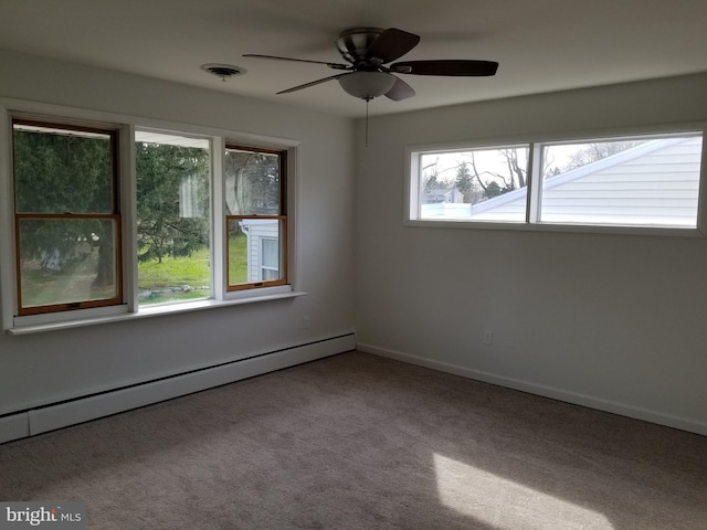 1320 Oak Ln, New Cumberland, PA 17070 - spare room featuring a baseboard radiator, carpet flooring, a ceiling fan, and baseboards
