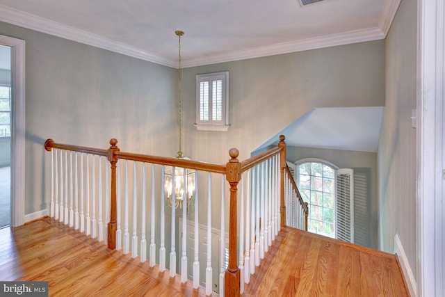 3609 Bradinton, Williamsburg, VA 23188 - stairway featuring wood finished floors, a chandelier, and ornamental molding