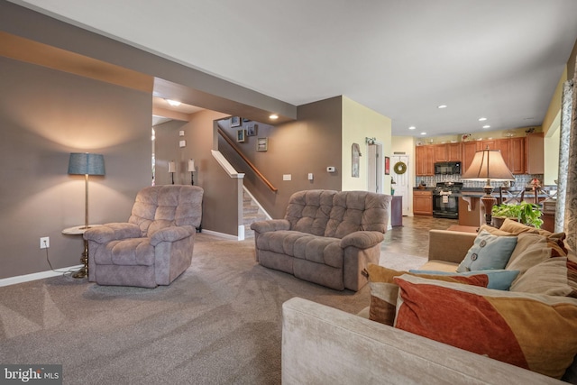 17365 Norland Way, Shrewsbury, PA 17361 - living room with recessed lighting, baseboards, stairs, and light colored carpet